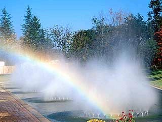 写真：噴水の水にかかるにじ