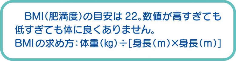 肥満度の目安は22。数値が高すぎても低すぎても体に良くありません。肥満度 の求め方：体重÷[身長×身長
