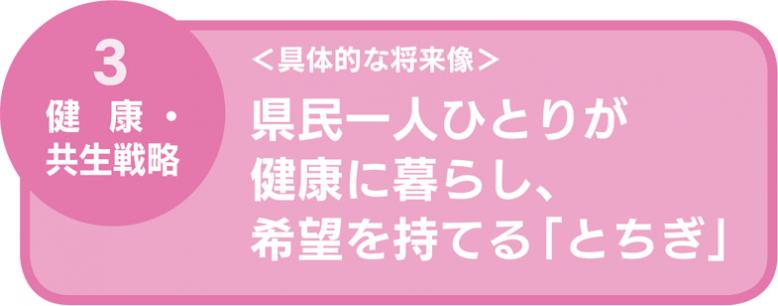 3:健康・共生戦略 ＜具体的な将来像＞  県民一人ひとりが健康に暮らし、希望を持てる「とちぎ」