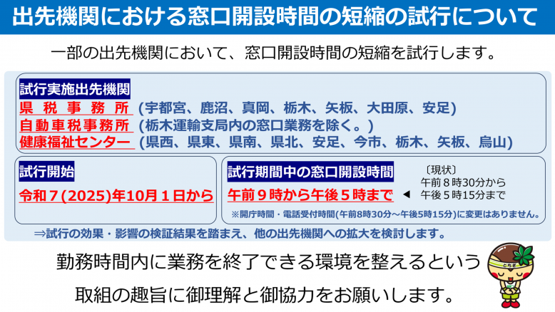 窓口開設時間短縮試行のお知らせ