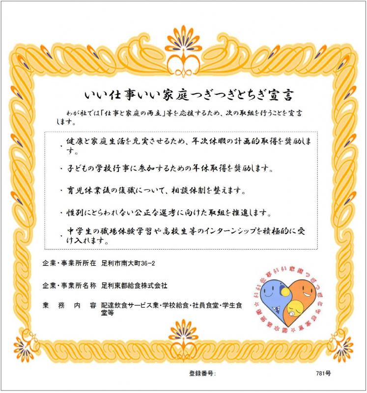 足利東都給食株式会社の登録証