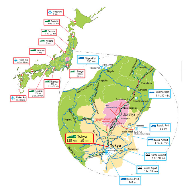 Access Map from Tochigi to other prefectures